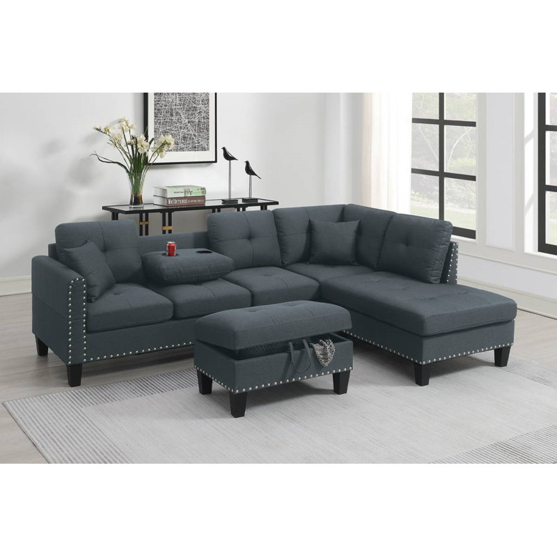 Living Room Furniture 3-PCS Sectional Sofa Set LAF Sofa RAF Chaise And Storage Ottoman Cup Holder  Linen-Like Fabric