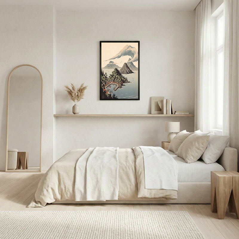 Art sur toile style village de côtes et montagnes volcaniques, H 18 po x l 24 po