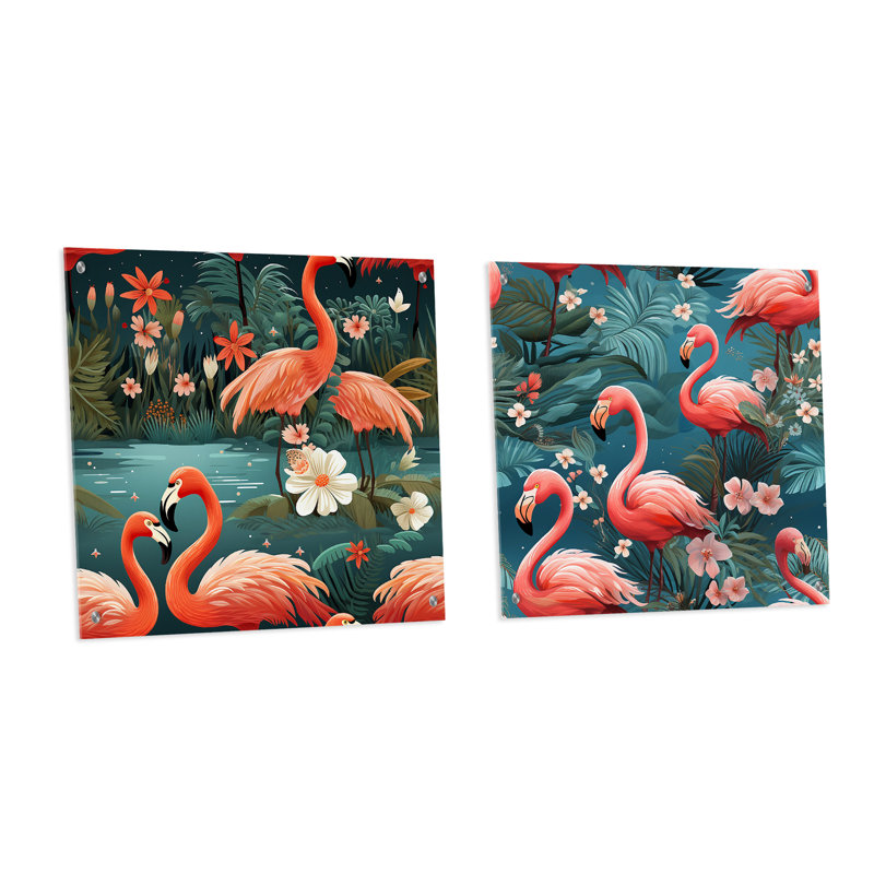 «Flamingo Tropical Dream I», ensemble de 2 verres muraux en acrylique, H 36 po x l 73 po