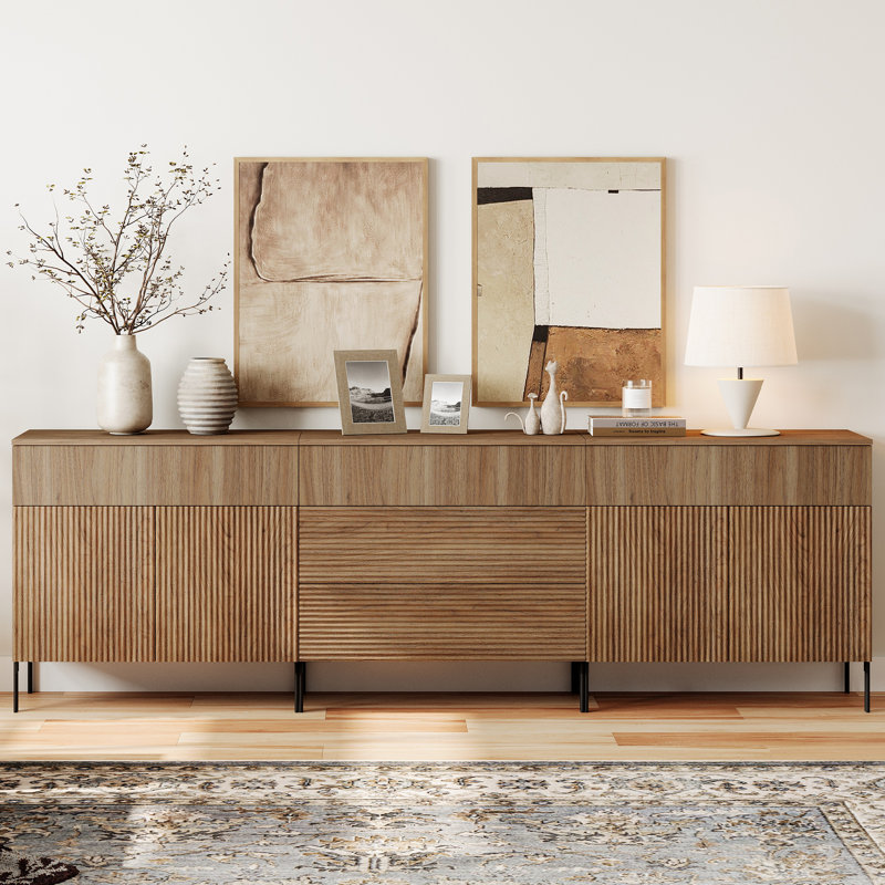 94.5" Reeded Accent Cabinet Set With Doors And Drawers, Modern Credenza Accent Cabinet With Metal Legs For Living Room, Kitchen, Dining Room, Hallway