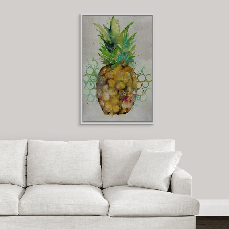 « ananas rain », peinture sur toile, H 37,7 po x l 25,7 po x p 1,75 po, Cadre flottant blanc