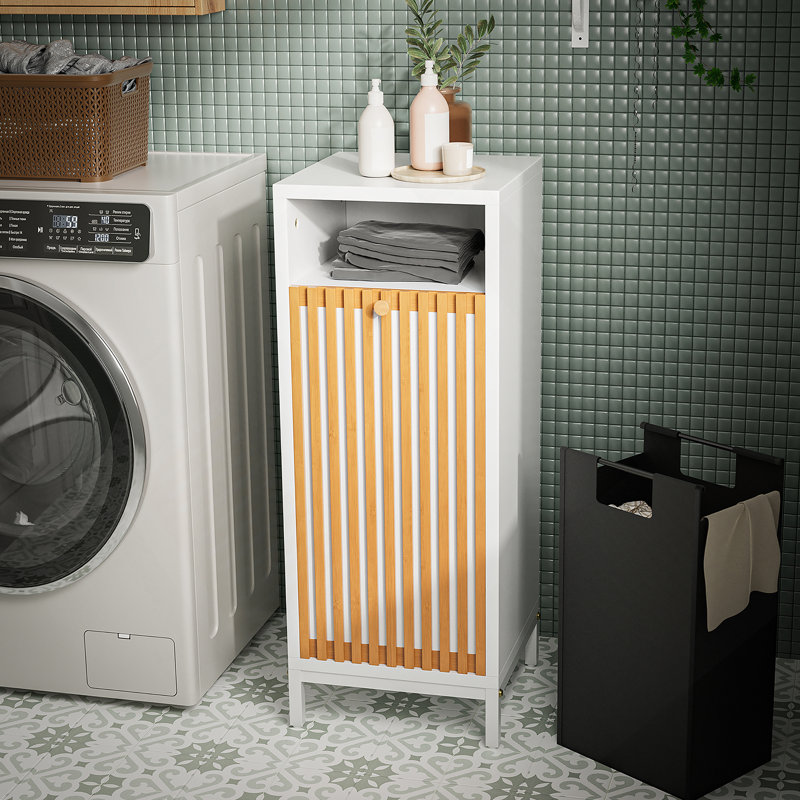 Bathroom Side Cabinet With Bamboo Front & Hamper - Natural/White