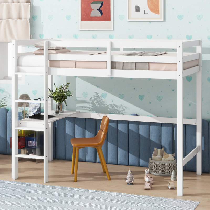 Twin High Loft Bed, Rubber Wood  Loft Bed with Safety Guardrail, built-in desk, ladder, White