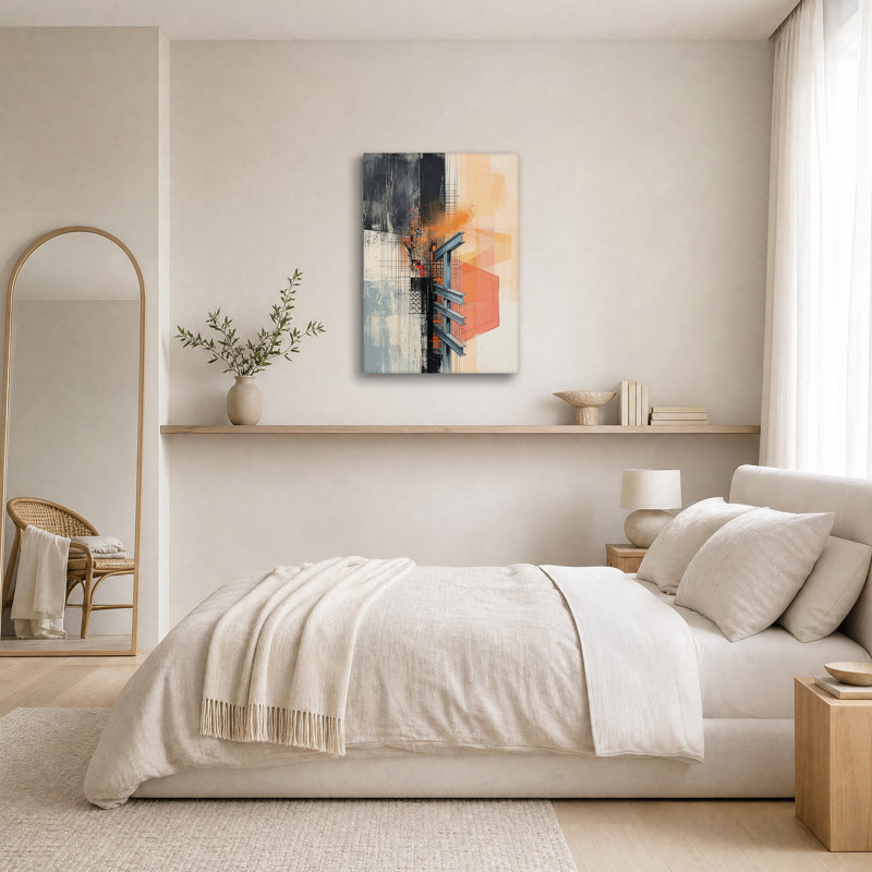 Poutres d'acier et lignes de quadrillage sur fond orange - Tableau mural sur toile, H 18 po x l 12 po