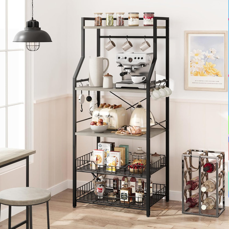 Support de micro-ondes rustique, tablette de rangement à 5 niveaux avec pattes réglables et système anti-basculement, en bois composite, gris rustique