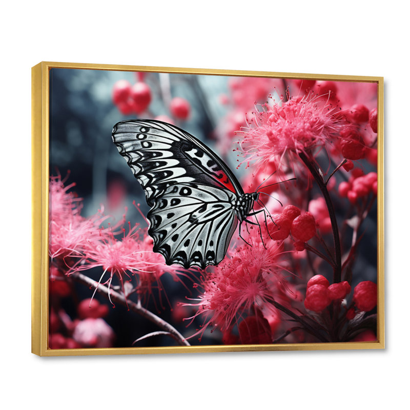 Linaloe, papillon noir et rose II - Imprimé, H 30 po x l 40 po x P 1,5 po, Cadre flottant doré