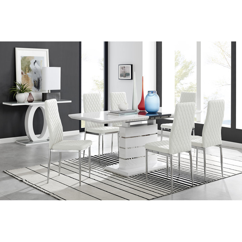 Grand ensemble de salle à manger extensible Everson avec 6 chaises de luxe rembourrées en similicuir, Blanc