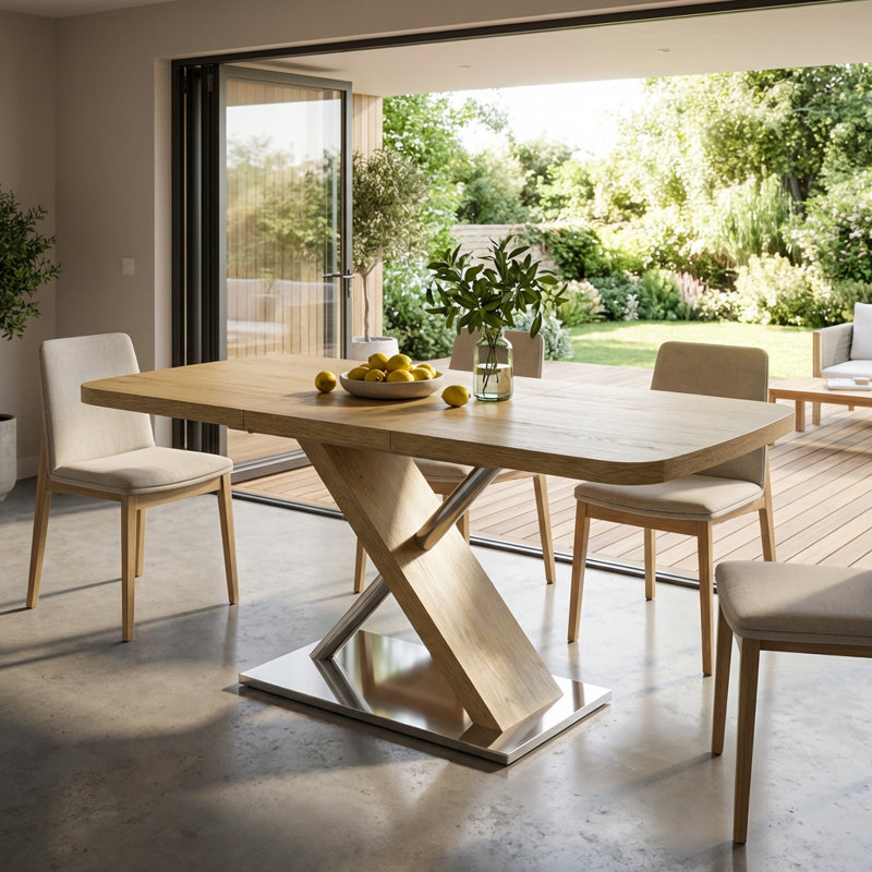 Table de salle à manger extensible avec base en métal en forme de croix et structure en acier inoxydable, pour 4 à 6 personnes