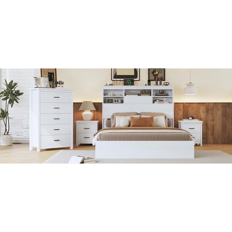 Grand lit plateforme rétro avec tête de lit et station de charge, blanc, Blanc