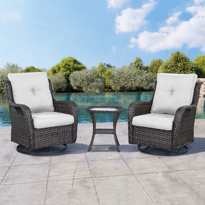 Schutt 3 Piece Patio Set Outdoor Wicker Glider Rocking and Swivel Chairs with Cushions -  Red Barrel StudioÂ®, 203FC1B5461A4CF9A86430FFA37C6359