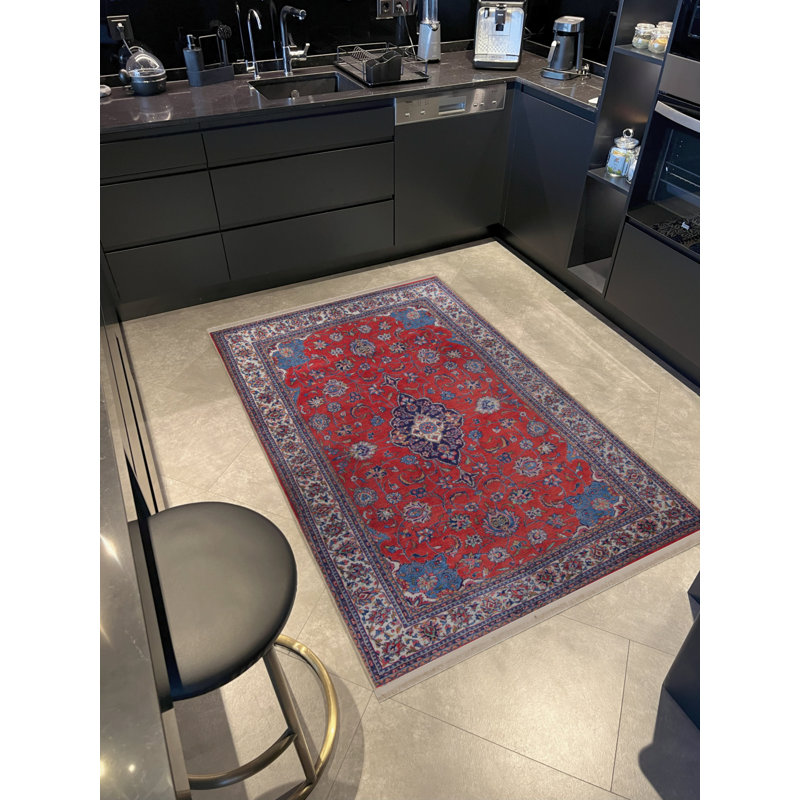 Tapis décoratif rétro à motif traditionnel rouge et bleu, Tapis de couloir 3 pi 4 po x 8 pi 3 po
