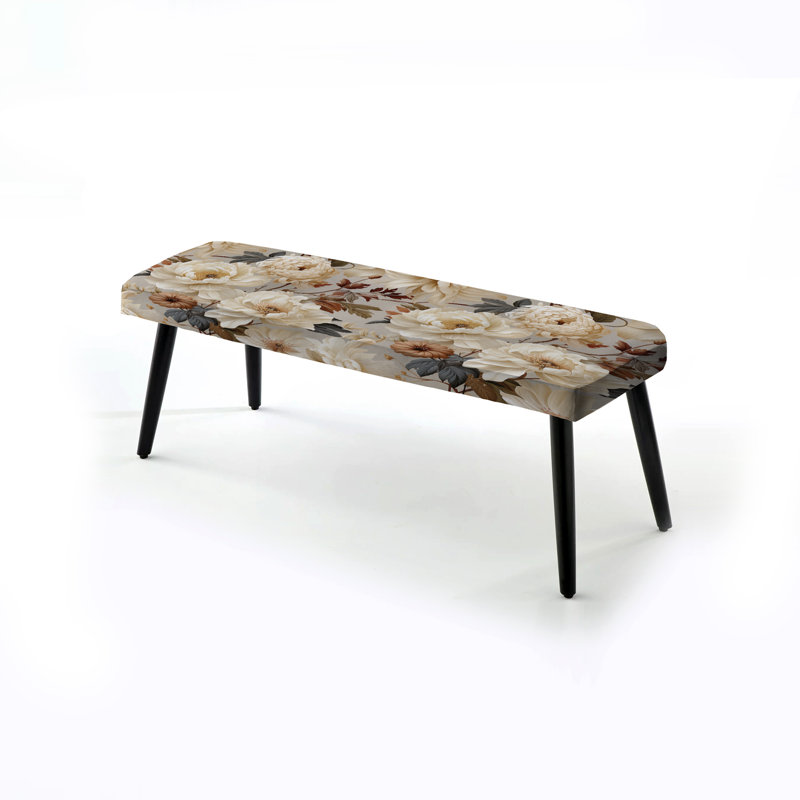Beige Soft Neutrals Peonies Elegance III - Floral Upholstered Black Bench