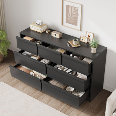 Commode en bois de chêne naturel à 7 tiroirs de 54 pouces, commode de rangement large moderne avec tiroirs coulissants et dispositif anti-basculement, rangement polyvalent pour la chambre à coucher, le salon, le grain de bois noir