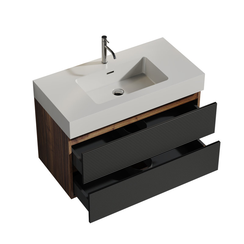 Meuble-lavabo pour salle de bain en noyer de 36 po mural avec lavabo blanc brillant et bibliothèque noire