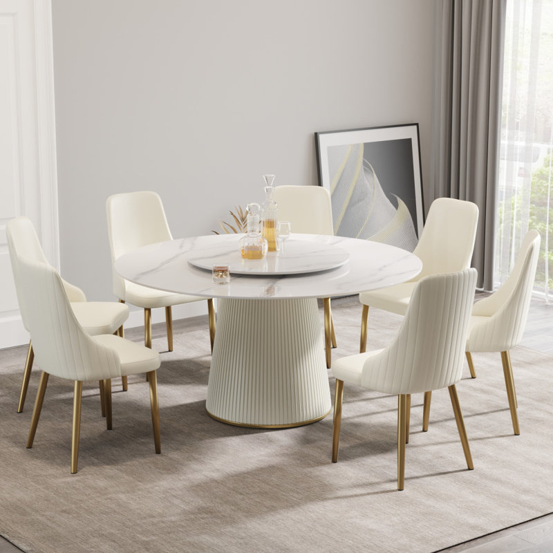 Table de salle à manger 59,05 po Modern White Stone, 7 pièces : table, 6 chaises