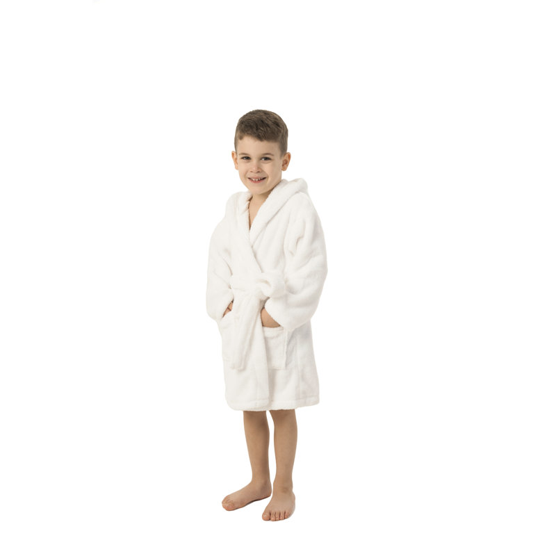 Peignoir 100% microfibre en molleton avec poches et capuche pour les enfants, Blanc, S