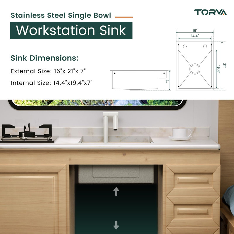 RV Kitchen Sink, 16 x 21 x 7 Inch Undermount Bar Sink with Foldable Faucet Cutting Board, White