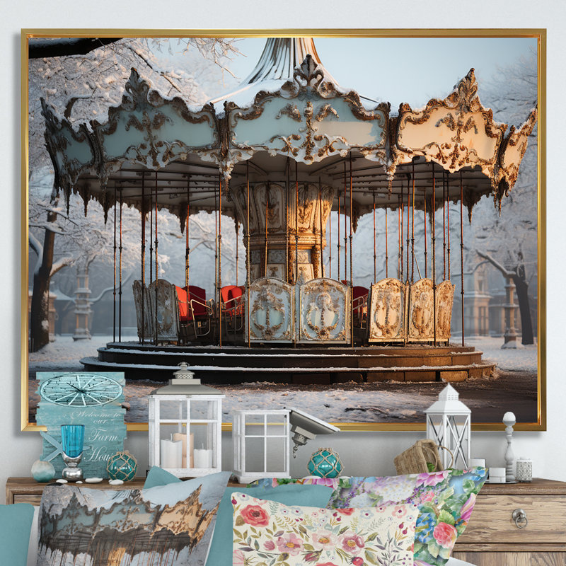Carousel Winter Scenery In Paris sur impression sur toile, Cadre flottant doré, H 30 po x l 40 po x P 1,5 po