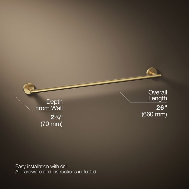 Elate Wall Mounted Round Towel Bar, Metal Wall-Mounted Towel Holder, 2" H x 24" L x 2.75" D, Vibrant Brushed Moderne Brass