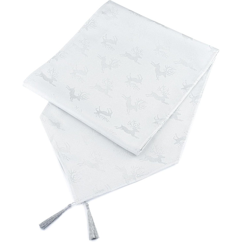 Christmas Deer Design Table Runner 13in, White/Silver, 33cm W x 243cm L