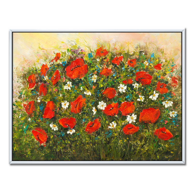 Blossoming Red Flower Fields - reproduction d'art sur toile, Toile blanche encadrée, H 36 po x l 46 po x 1,5 po