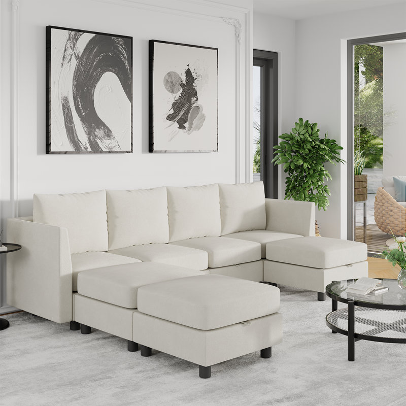 Canapé modulaire en U rembourré en chenille, H 35,83 po x l 104,7 po x P 76 po, Chenille beige