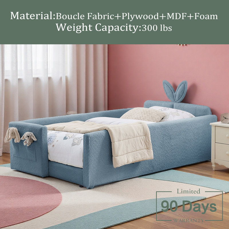 Lit plateforme tapissier simple avec tête de lit mignonne en forme d'oreille de lapin, avec barre de sécurité et poche, tissu bouclé