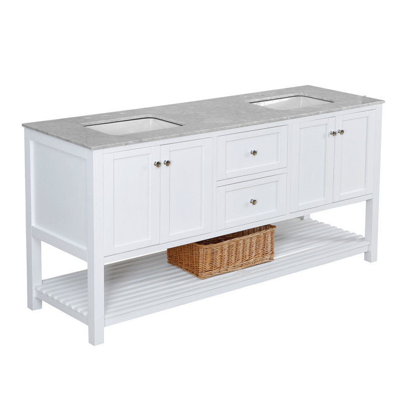 Binne 72'' Double Bathroom Vanity with Top, White, Carrara Marble