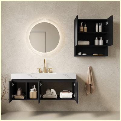 Ensemble de meuble-lavabo flottant mural 48 po + 26 po avec lavabo, comptoir en pierre frittée blanc Carrara et lavabo en céramique, noir, 3 trous prépercés