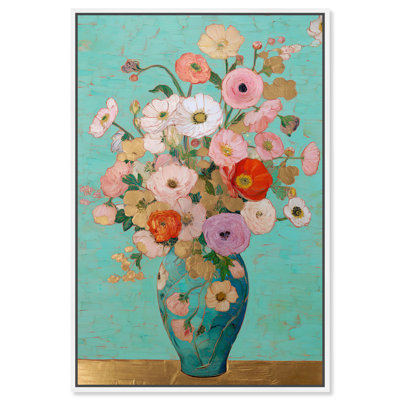"Turquoise Vase Blooms II", reproduction d'art sur toile encadrée par Art Remedy, cadre blanc, 20 x 30