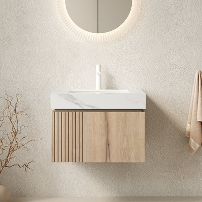 Meuble-lavabo moderne avec comptoir en pierre frittée à motif travertin Valenza