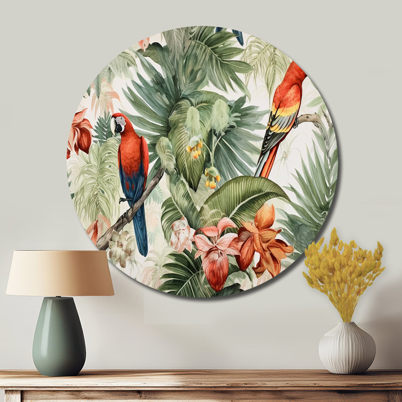 Perroquet au paradis I - animaux, art en métal rond, H 16 po x l 16 po