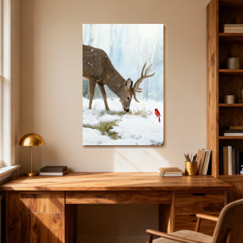 Animals Deer Grazing In Snow With Red Bird