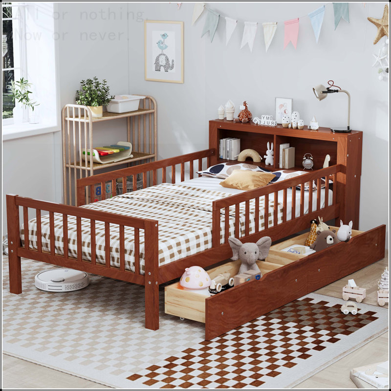 Lit simple avec support de tête de lit et tiroirs sous le lit, Noyer