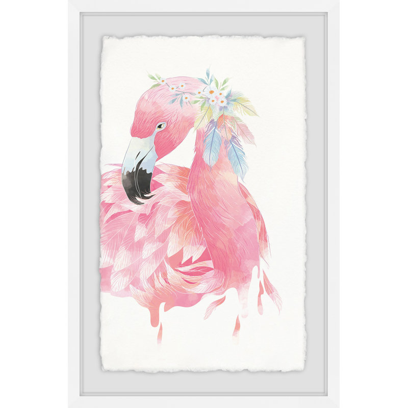 Flamant rose-imprimé de cadre photo sur papier, H 12 po x l 8 po x P 1,5 po, Cadre blanc à bords frangés