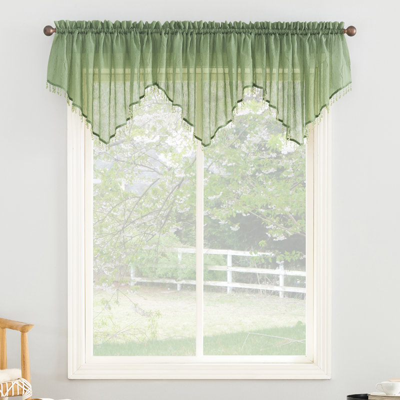 Mardis Beaded Tassels Crushed Sheer Voile Ascot Window Valance, Sage Green
