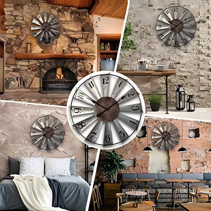 Oversized Distressed Metal Windmill Wall Clock with Rustic Finish