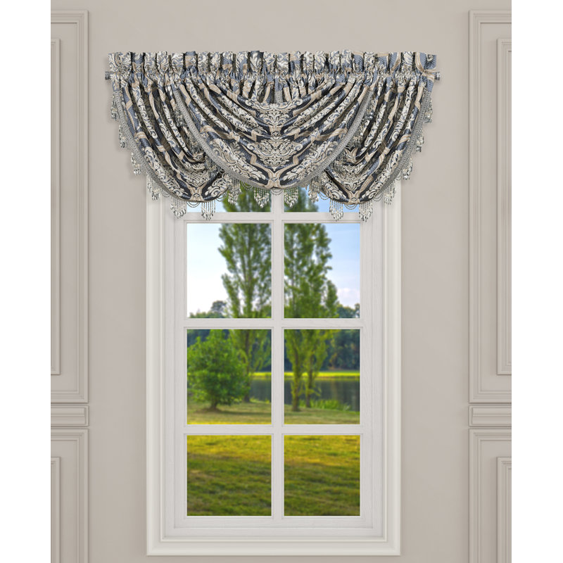 Powder Blue and Gold Jacquard Waterfall Valance with Crystal Tassels