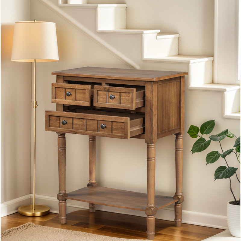 Console Table With 3 Drawers And Bottom Shelf, Natural Wood