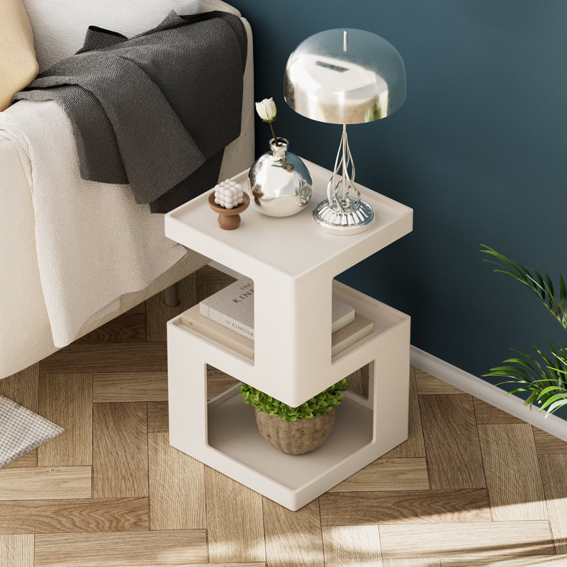 Farmhouse Geometric Wood End Table With 3-Layer Cube Design, White