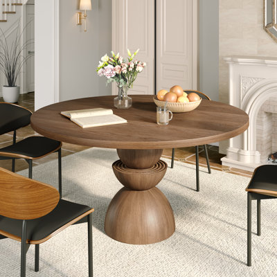 5 Pcs Mid-Century Solid Wood Round Dining Table Sets With Comfort Upholstered Kitchen Chairs For 4