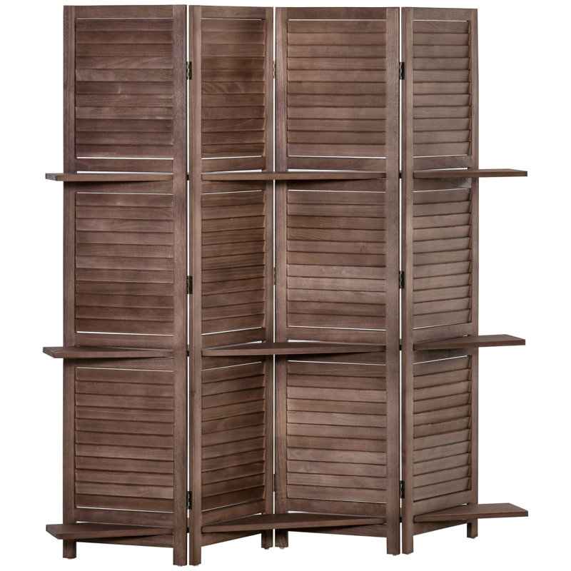 Paravent pliable 4 panneaux à panneaux d'intimité en bois de paulownia autoportant 5,6 pi avec tablettes de rangement pour la chambre à coucher ou le bureau, noyer