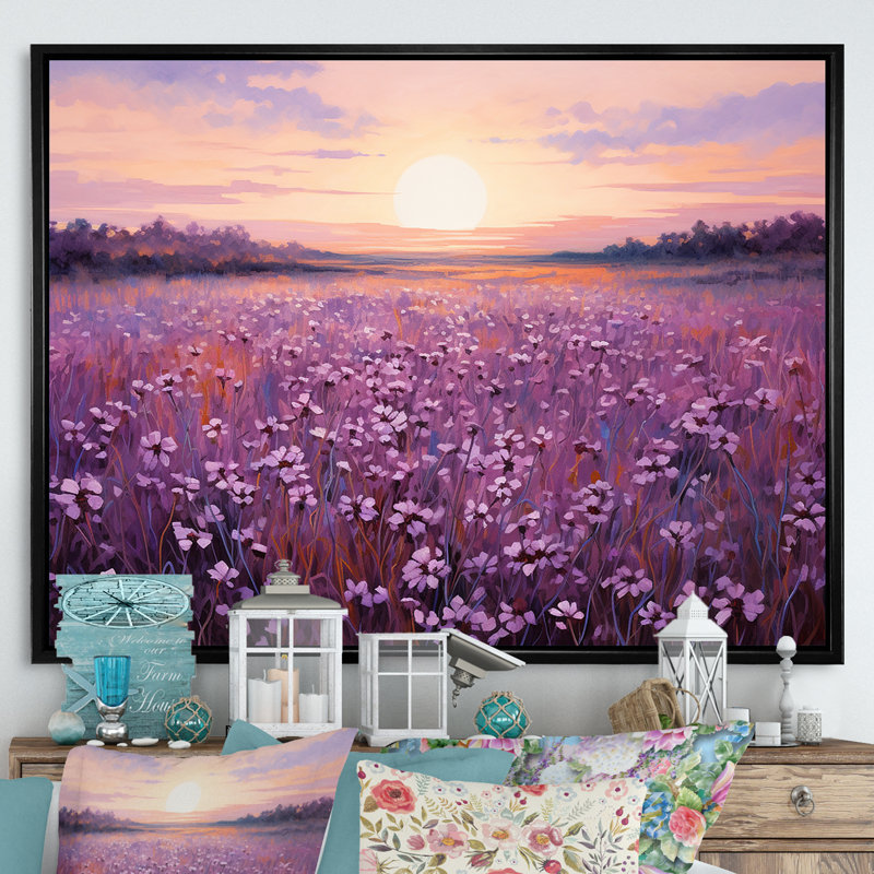 «Bloomed Flower Horizons At Sunset» sur toile, White Picture Framed, 34" H x 44" W