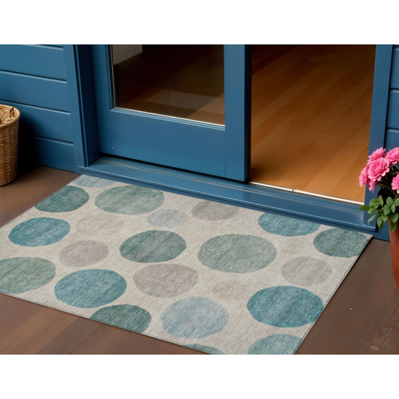 3' X 5' Teal Blue Ivory And Pale Aqua Geometric Washable Indoor Outdoor Area Rug