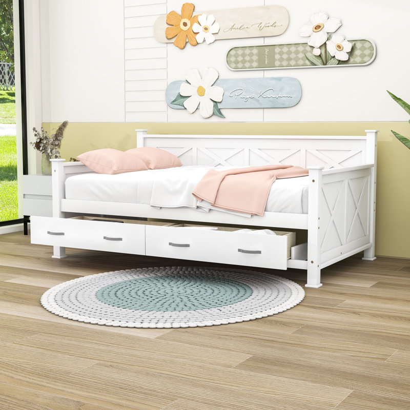 Twin Size 2 Drawers Wooden Daybed, Cream White