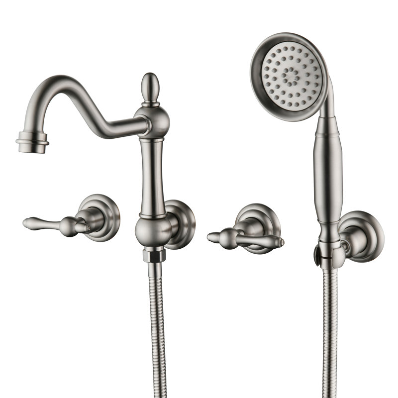SUMERAIN Brushed Nickel Wall Mounted Bathtub Faucet, 4 Hole Tub Filler with Handheld Shower, 8 Inches Center High Flow