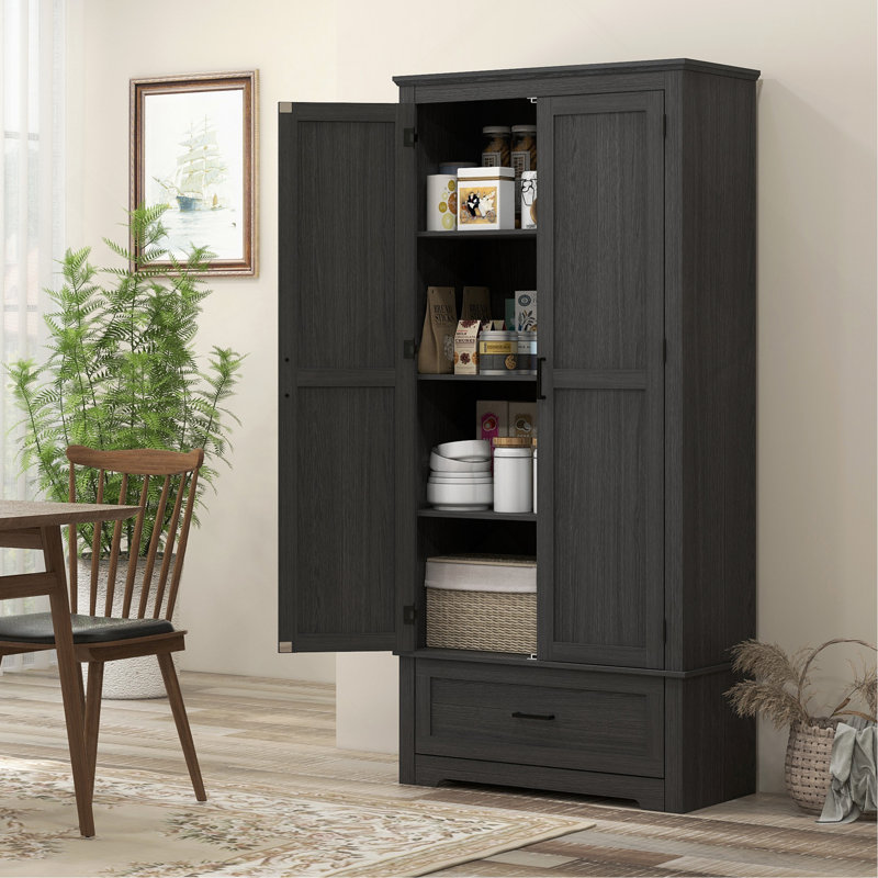 Cabinet 69" Tall Kitchen Pantry Storage , Farmhouse Freestanding Pantry Cabinet With 2-Doors, Drawer And Adjustable Shelves For Dining Room, Black