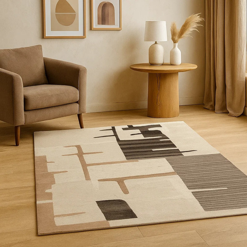 Tapis moyen Keny, motif abstrait beige d'inspiration mondiale, Rectangulaire 8 pi x 10 pi