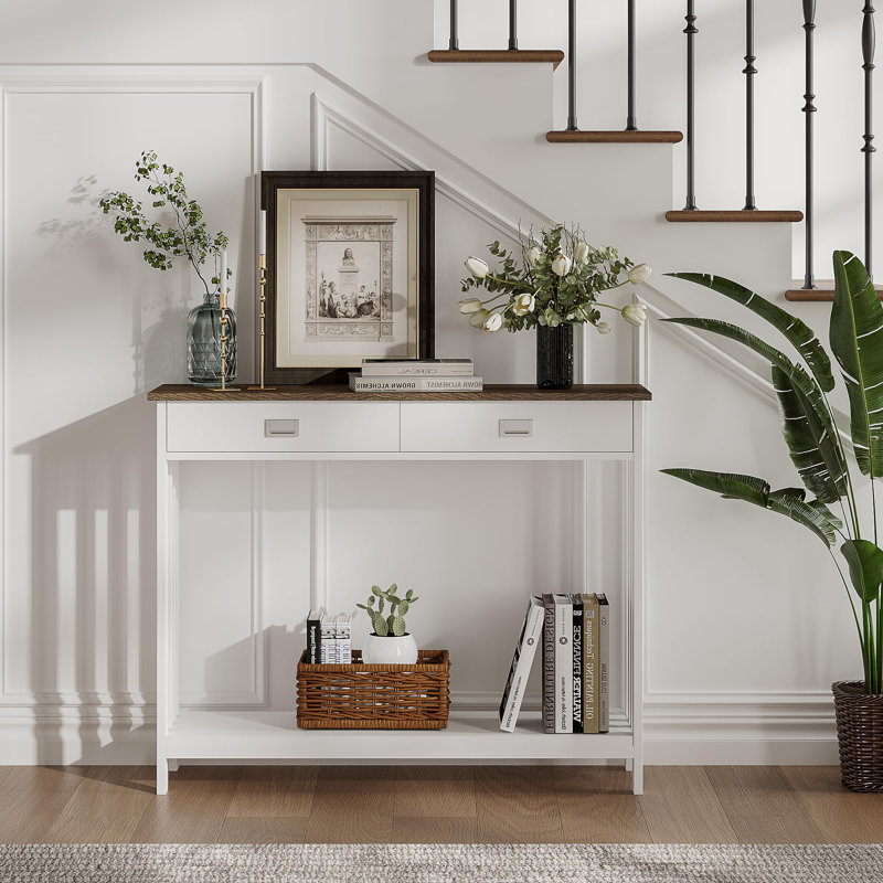 39.4" W Console Table with Drawer, Brown Wood/White