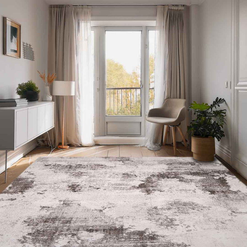 Lorenz Soft Mist Stonewash White & Cream Modern Area Rug Soft Polyester Pile with Cotton Blend Backing Style Carpet